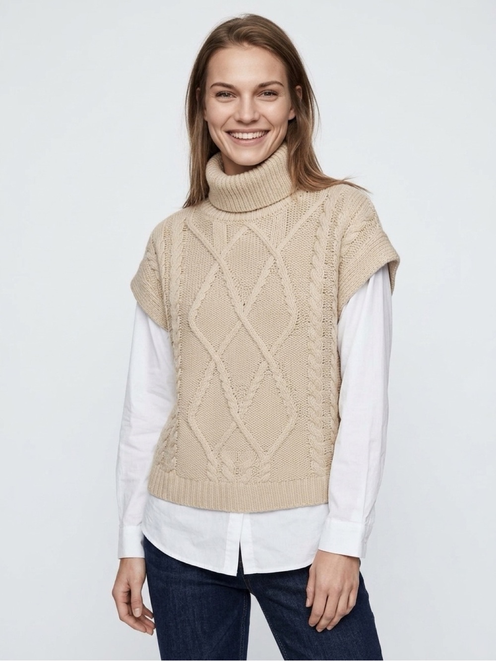 RDI Beige Cable Knit Turtleneck Sweater Vest